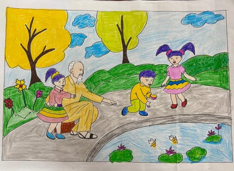 Tranh vẽ Bác Hồ với thiếu nhi nét vẽ mềm mại