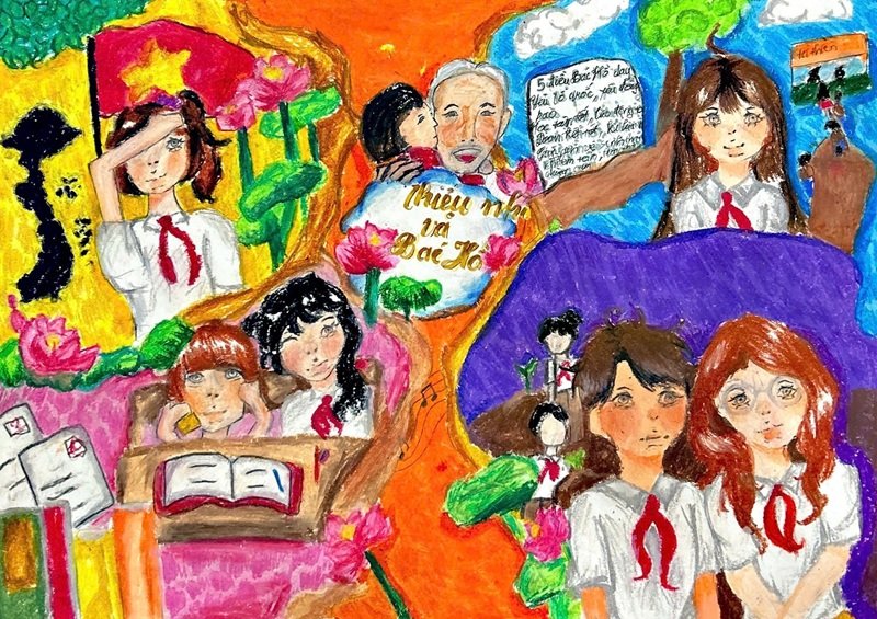 Tranh vẽ Bác Hồ với thiếu nhi đầy cảm xúc