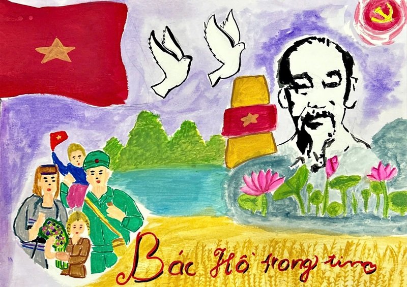Tranh vẽ Bác Hồ với thiếu nhi trong ngày hội