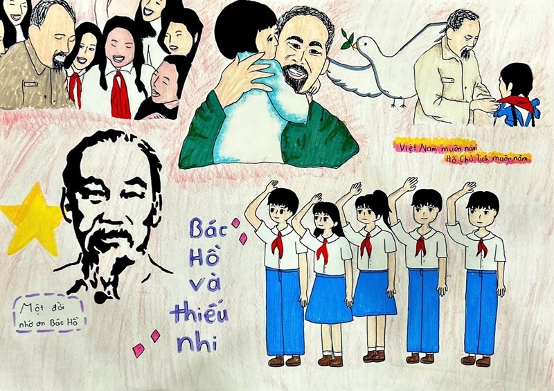 Tranh vẽ Bác Hồ với thiếu nhi sắc nét